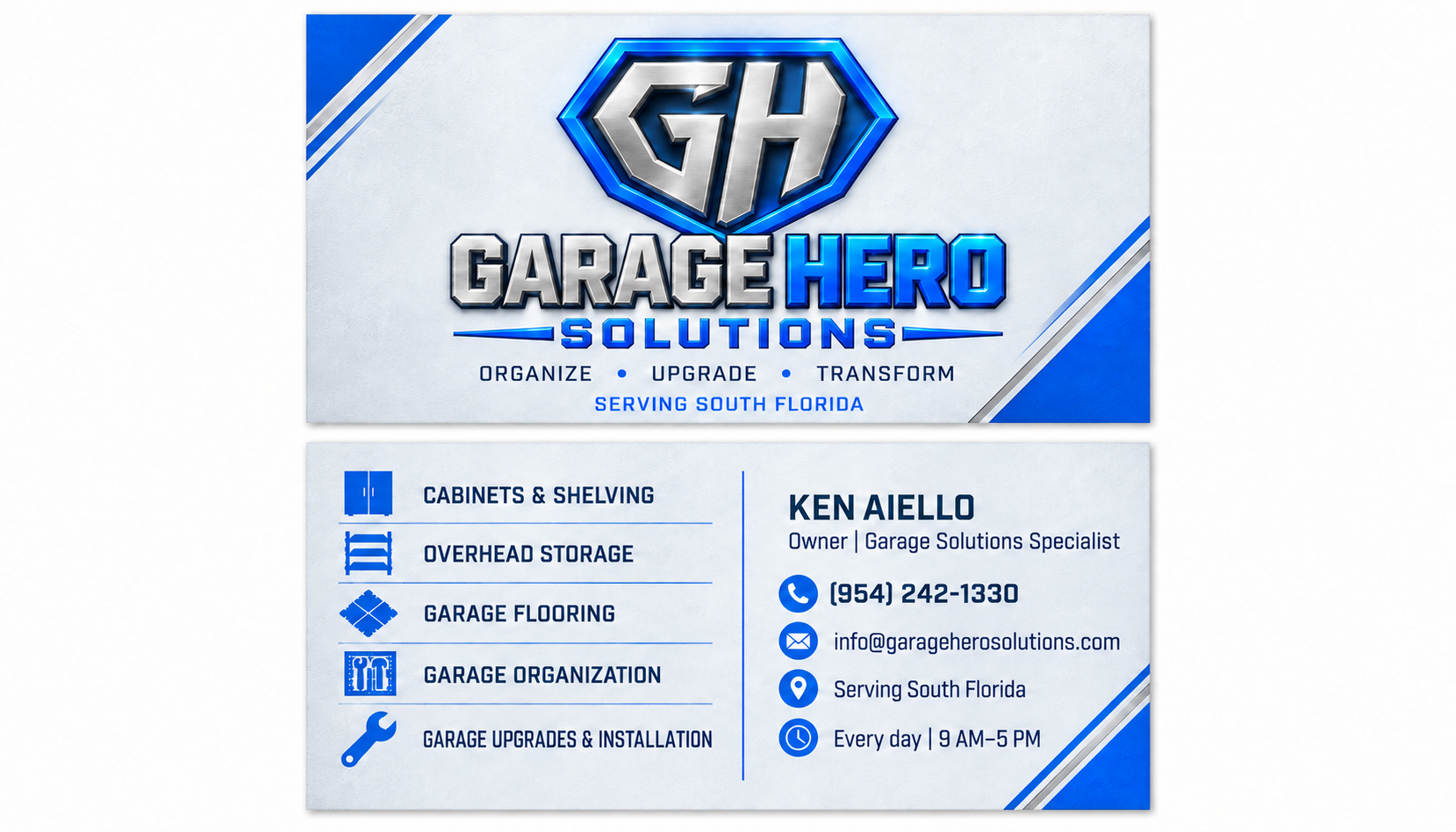 Garage Hero business card, front and back. Ken Aiello, owner. Phone 954-242-1330; info@garageherosolutions.com.