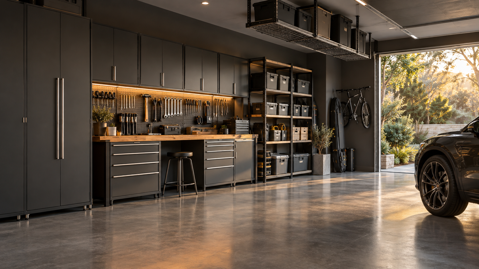 Beautifully organized graphite garage with oak worktop, cabinets, tool wall and overhead storage